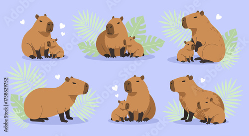 A heartwarming collection of capybara mothers and their adorable babies in various tender poses.