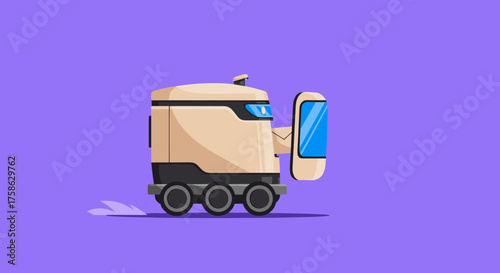 Autonomous delivery robot moving on wheels with a digital screen showing a blue shield.