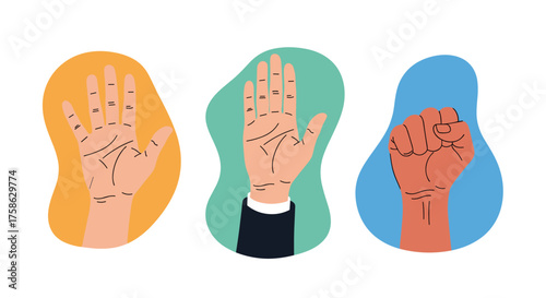 Three hands showing different gestures including open palm and fist.