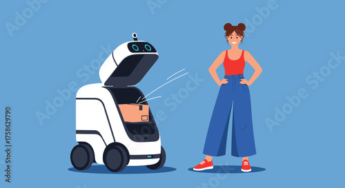 A woman receives a package from a delivery robot at her doorstep.