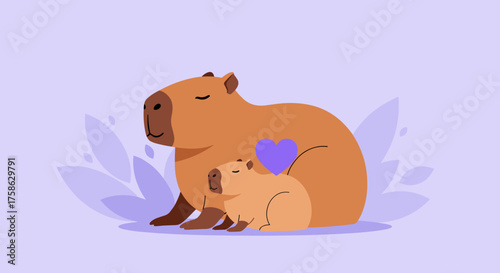 A heartwarming illustration depicting a mother capybara nuzzling her young cub with affection.