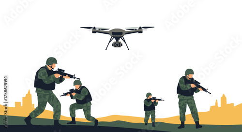 Military personnel train with advanced aerial surveillance drones during an urban combat exercise.