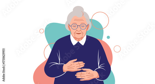 Illustration of a senior woman with grey hair wearing glasses and a blue sweater with her hands clasped in front of her.