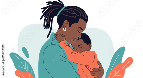 A mother embracing her young child with affection surrounded by nature elements.