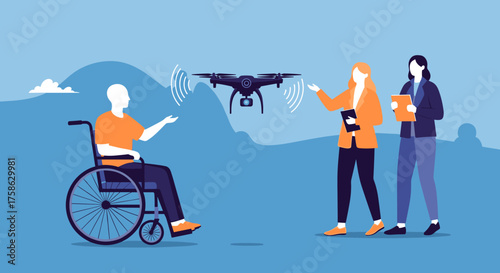 Assistive technology in the form of a drone is demonstrated to a person using a wheelchair with help from two individuals.