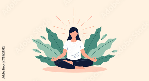 A woman practicing meditation surrounded by lush green plants and radiating light to promote inner peace.