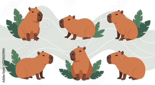 Six adorable capybaras posing among tropical green leaves in a whimsical artistic style.
