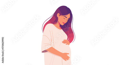 A pregnant woman is holding her baby bump with love and tenderness.