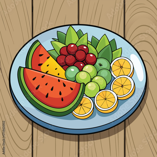 healthy fruit platter on rustic wooden background.eps