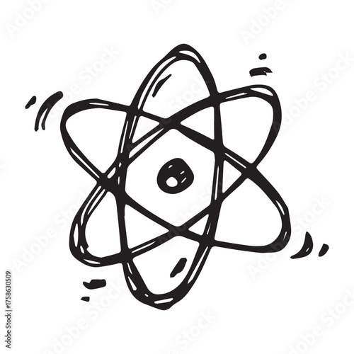 Hand drawn atom sign Molecule clipart in doodle style Single element for print, web, design, decor Symbol of science, education, nuclear energy, scientific research, molecular chemistry