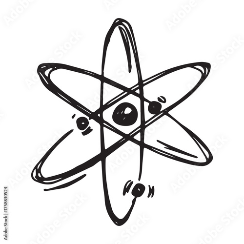 Hand drawn atom sign Molecule clipart in doodle style Single element for print, web, design, decor Symbol of science, education, nuclear energy, scientific research, molecular chemistry