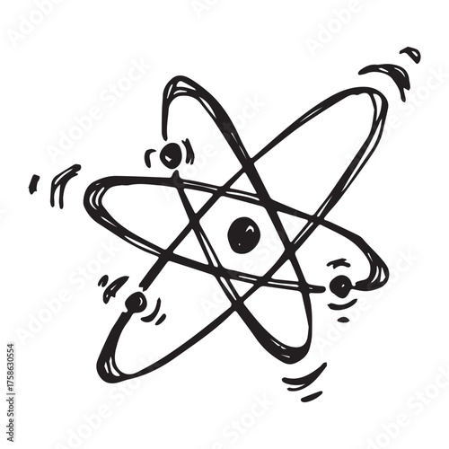 Hand drawn atom sign Molecule clipart in doodle style Single element for print, web, design, decor Symbol of science, education, nuclear energy, scientific research, molecular chemistry