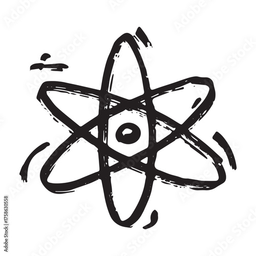 Hand drawn atom sign Molecule clipart in doodle style Single element for print, web, design, decor Symbol of science, education, nuclear energy, scientific research, molecular chemistry
