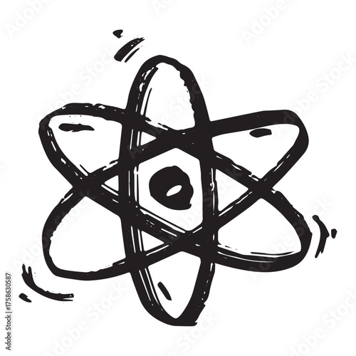 Hand drawn atom sign Molecule clipart in doodle style Single element for print, web, design, decor Symbol of science, education, nuclear energy, scientific research, molecular chemistry