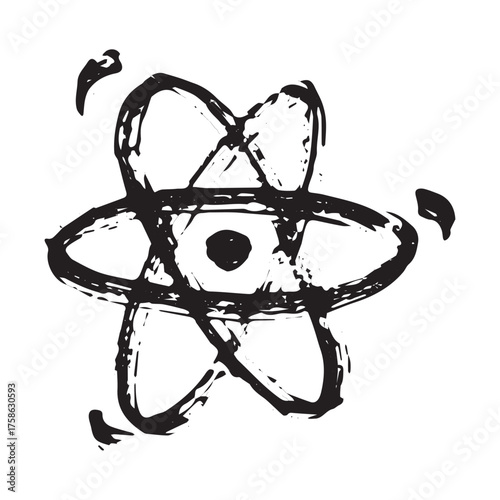 Hand drawn atom sign Molecule clipart in doodle style Single element for print, web, design, decor Symbol of science, education, nuclear energy, scientific research, molecular chemistry