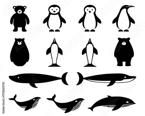 Arctic and antarctic animal silhouettes collection scalable vector illustration set vector