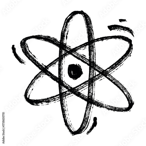 Hand drawn atom sign Molecule clipart in doodle style Single element for print, web, design, decor Symbol of science, education, nuclear energy, scientific research, molecular chemistry