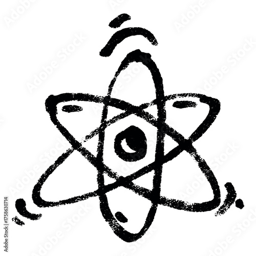 Hand drawn atom sign Molecule clipart in doodle style Single element for print, web, design, decor Symbol of science, education, nuclear energy, scientific research, molecular chemistry