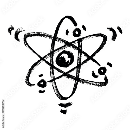 Hand drawn atom sign Molecule clipart in doodle style Single element for print, web, design, decor Symbol of science, education, nuclear energy, scientific research, molecular chemistry