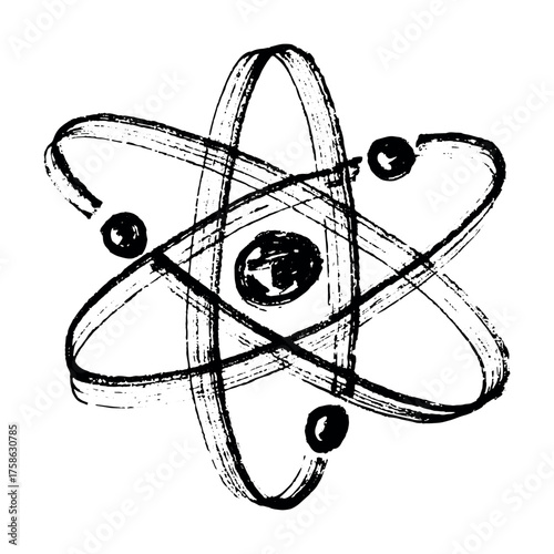 Hand drawn atom sign Molecule clipart in doodle style Single element for print, web, design, decor Symbol of science, education, nuclear energy, scientific research, molecular chemistry
