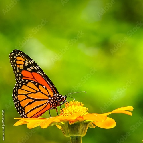 A detailed closeup captures a monarch butterfly delicately feeding on a vibrant yellow flower. The butterfly’s striking orange and black patterned wings contrast beautifully against the soft petals.