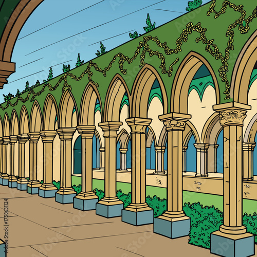 old monastery cloister arches covered in ivy .eps