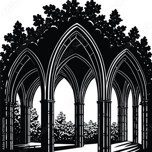 old monastery cloister arches covered in ivy  (3).eps