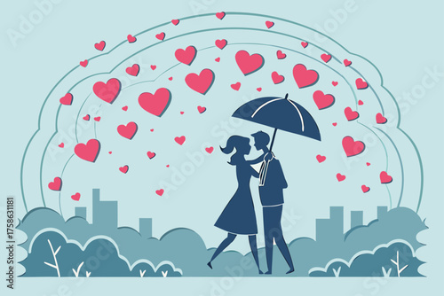 Paper-cut heart rain scene — couple under umbrella
