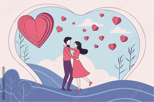 Romantic couple standing in paper cut landscape with hearts in sky
