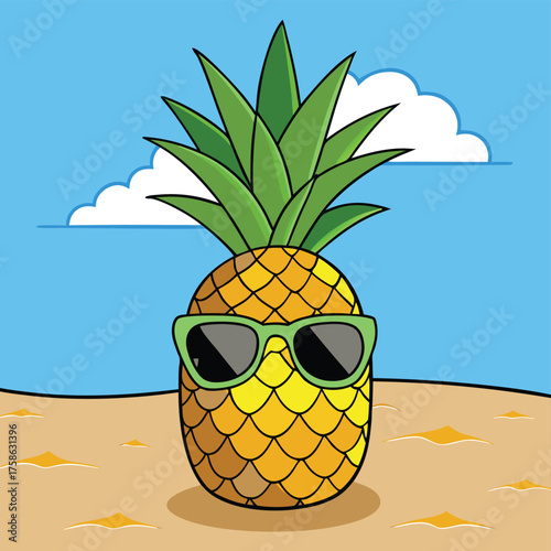 pineapple with sunglasses on sandy tropical beach.eps