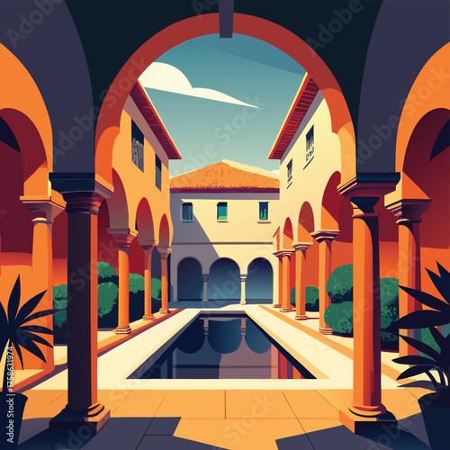 spanish courtyard with repeating arches  (2).eps