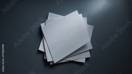 A stack of blank white paper squares arranged in a pile on a dark grey surface, top view