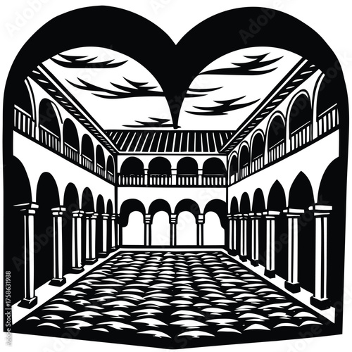 spanish courtyard with repeating arches  (3).eps