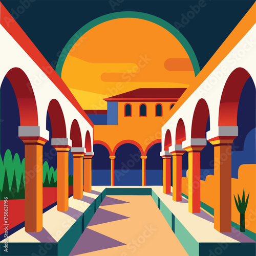 spanish courtyard with repeating arches  (1).eps