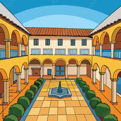 spanish courtyard with repeating arches .eps