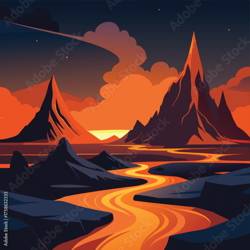 stylized volcanic landscape with glowing lava rive (2).eps