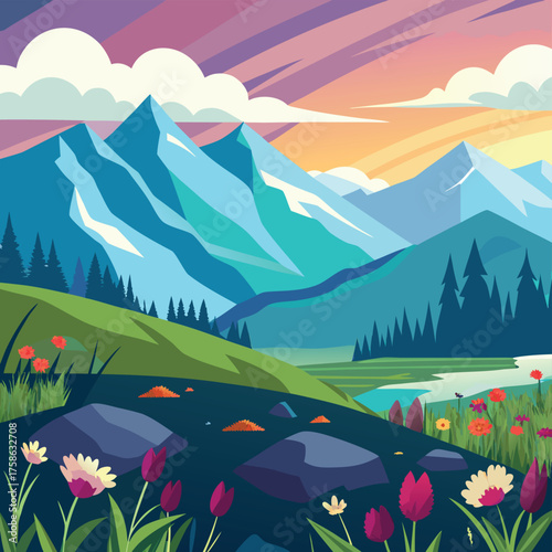 vast tundra scene in summer with wildflowers and d.eps