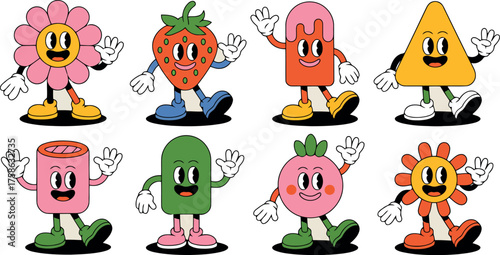 This collection presents eight whimsical and colorful cartoon characters, each shaped like a food item with a retro or "groovy" style, including a flower, strawberry, popsicle, and various fruits. 