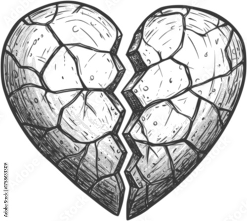 Broken heart sketch hand drawn illustration with detailed cracks and textured shading — stock vector
