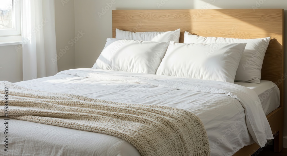 Obraz premium Inviting bedroom with fresh white bedding and a wooden headboard.