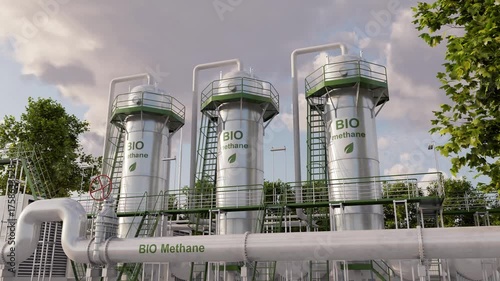 Pure methane (eco methane) production plant using agricultural waste. Time lapse. 3D rendering.