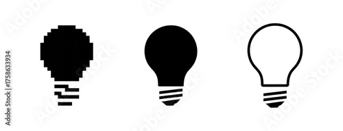 Three Lightbulb Icons Showing Pixelated Solid and Outline Representations
