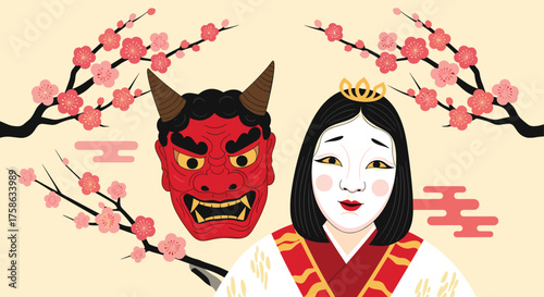 Japanese mask of a demon and a Noh theater character