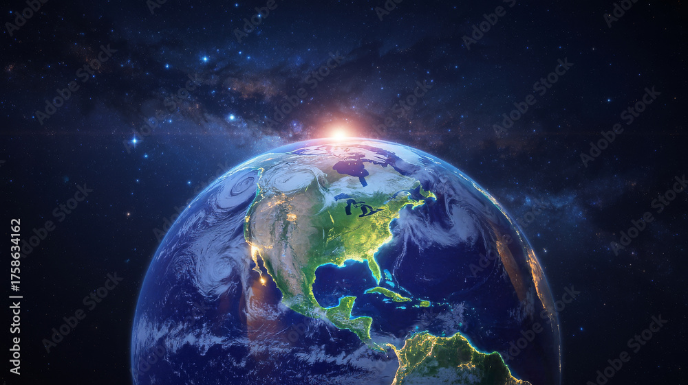 Fototapeta premium Sunrise over north america from space, with stars and galaxy satellite