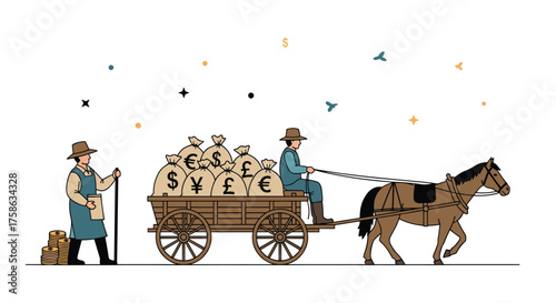 A horse drawn wagon filled with money bags is led by a man and his dog.