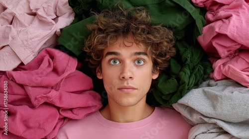 A young man is laying on a pile of clothes, including pink and green shirts. Concept of disarray and chaos, as the clothes are piled on top of each other in a haphazard manner