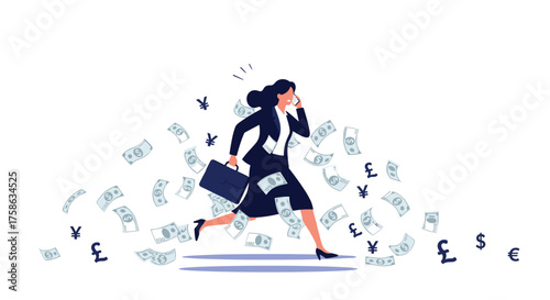 A busy businesswoman rushes through a shower of money and currency symbols.