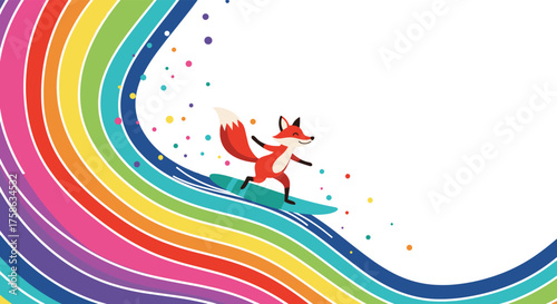 A cheerful fox surfs down a vibrant rainbow wave with confetti flying all around.
