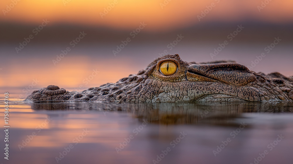 Obraz premium Crocodile emerges from water at sunset