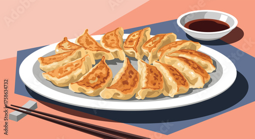A delightful platter of pan-fried dumplings served with a side of savory dipping sauce.